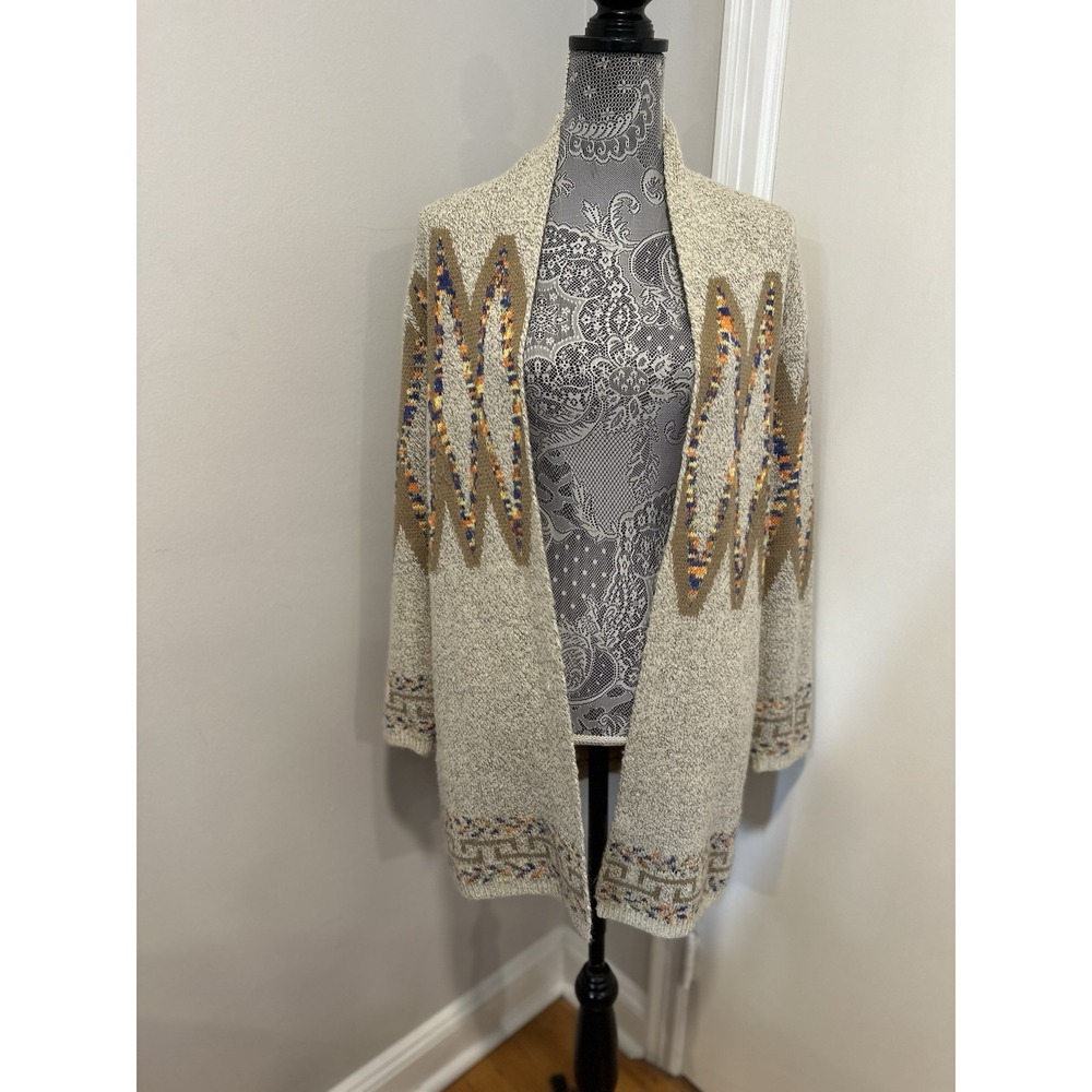 Debut Womens M/L Open Cardigan Tribal Geometric Pattern Long Sweater Beige Brown